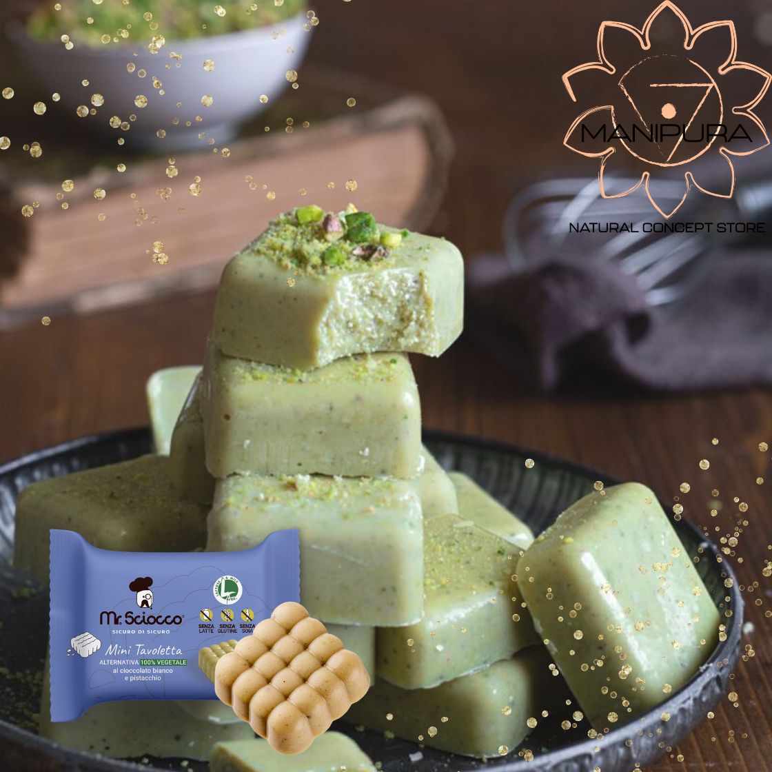 Mini Tavolette ALTERNATIVA 100% VEGETALE al cioccolato bianco e pistacchio con granella di pistacchio