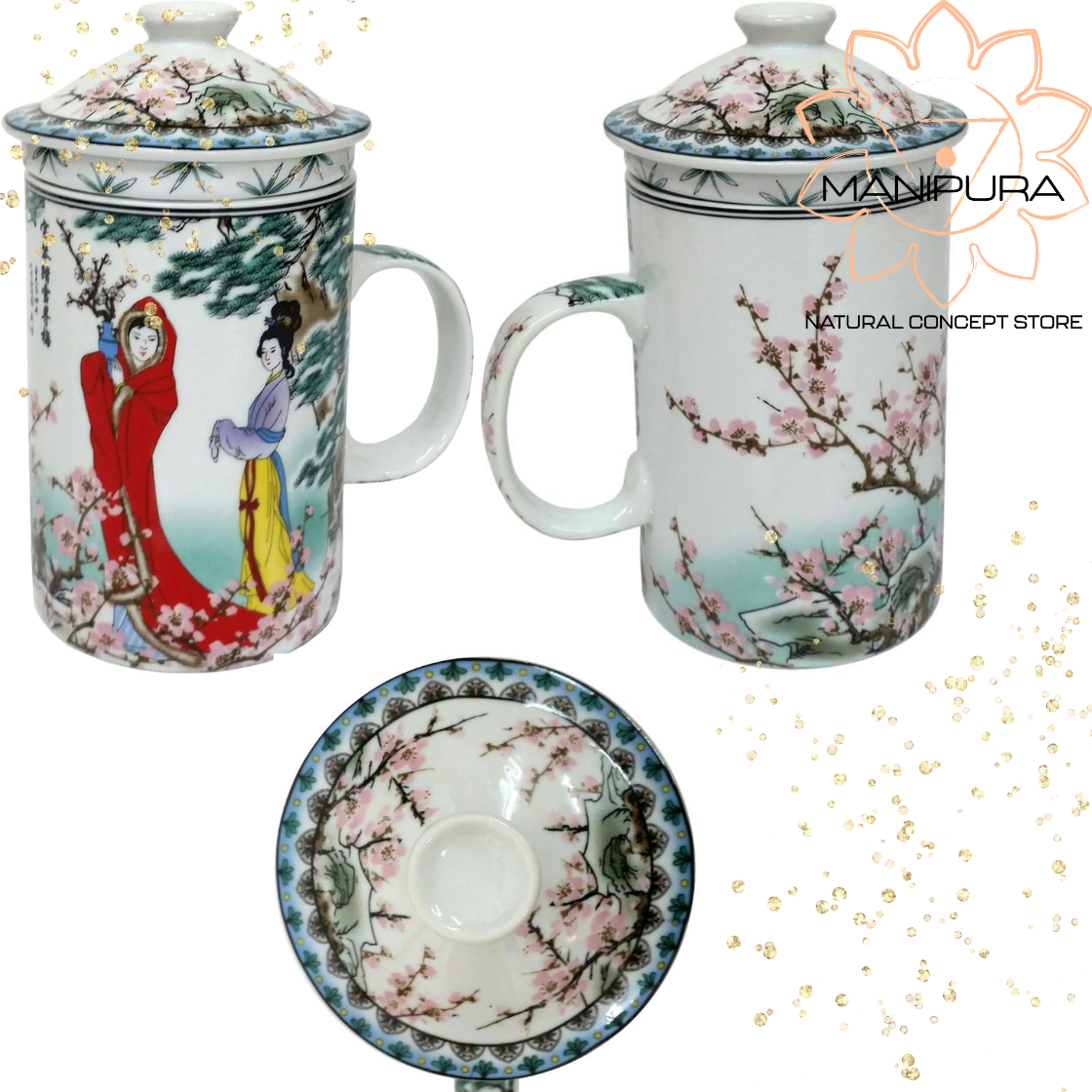 Tazza da tè cinese in porcellana con infusore e coperchio, motivo Bao Qin