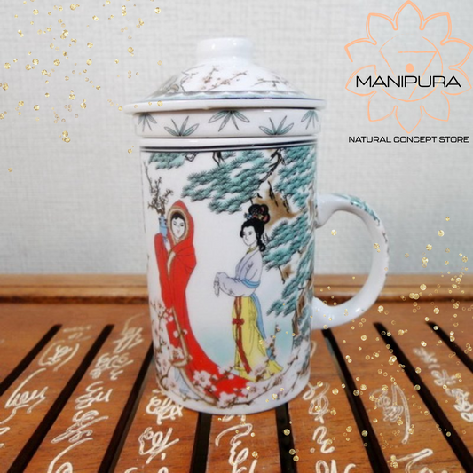 Tazza da tè cinese in porcellana con infusore e coperchio, motivo Bao Qin